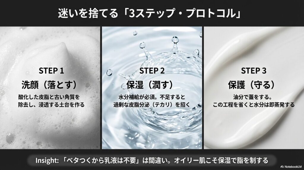 洗顔（落とす）、保湿（潤す）、保護（守る）の3つの工程それぞれの役割と、ベタつくオイリー肌こそ保湿が必要である理由の解説。