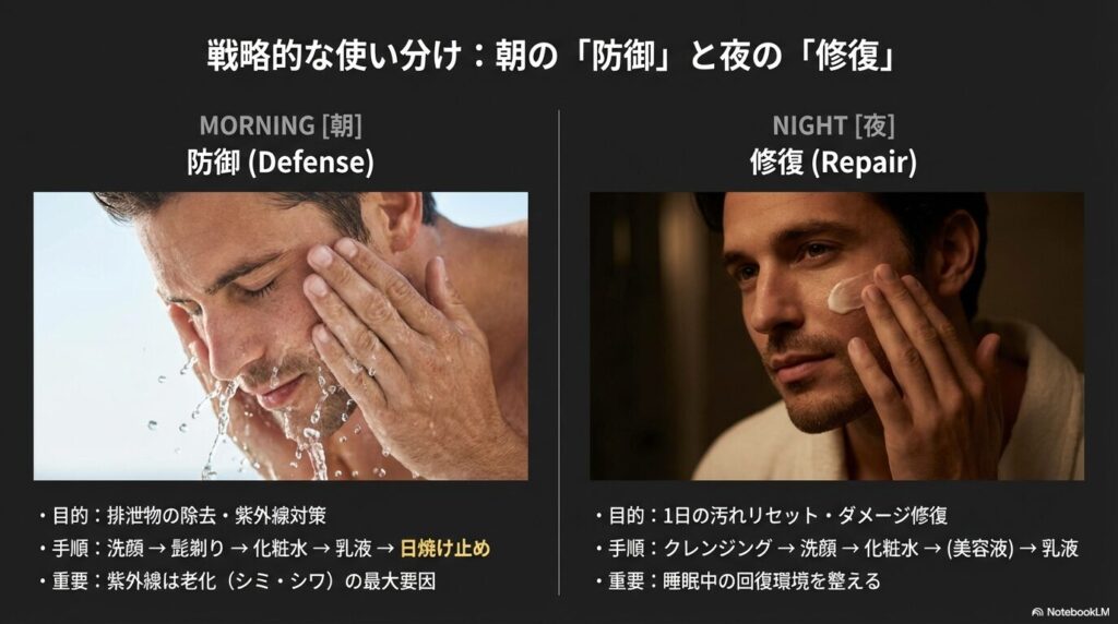朝は紫外線対策などの「防御（Defense）」、夜は汚れのリセットと「修復（Repair）」という、時間帯ごとのスキンケア目的と具体的な手順のフローチャート。
