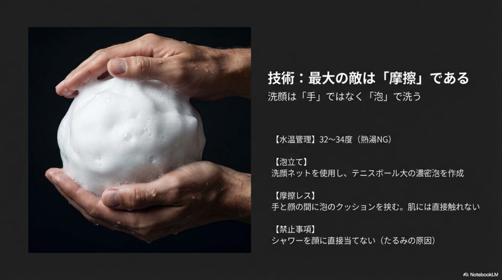 男性肌のために設計された「不要な汚れを落とし、必要な潤いは残す」バルクオムの成分特徴（クレイミネラルズ、生石けんなど）と使用感の解説。