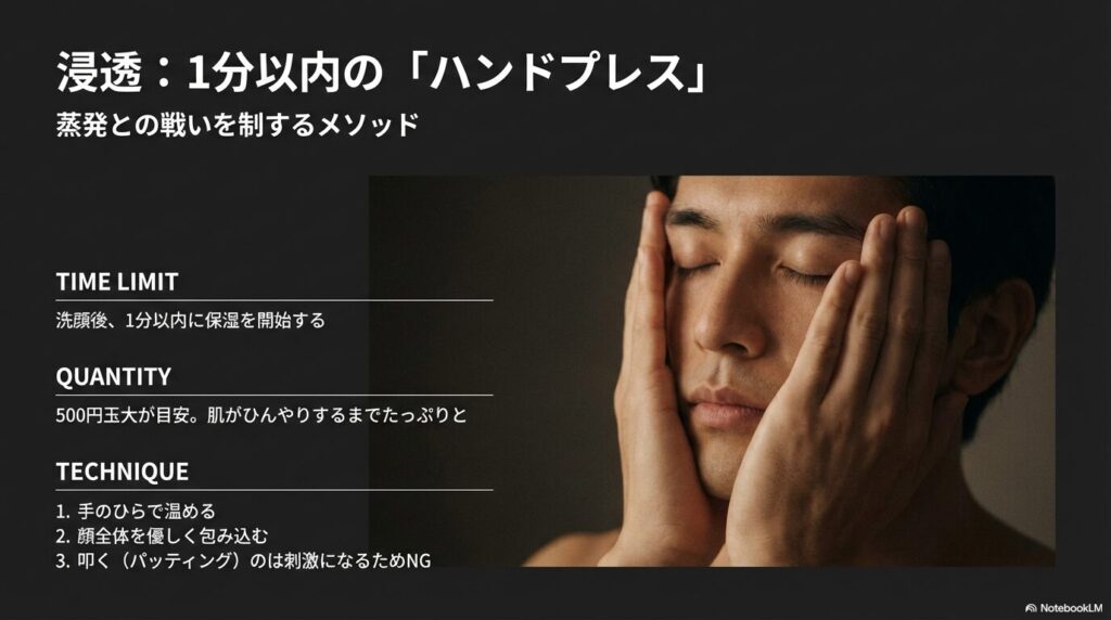 洗顔後1分以内に500円玉大の化粧水を使い、パッティングせずに手のひらで温めて包み込む「ハンドプレス」の3ステップ手順。