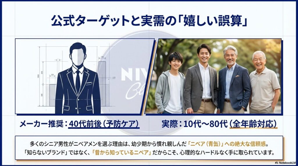メーカー推奨は40代前後だが、実際は「昔から知っているニベア」への信頼感から、シニア層を含む全年齢に選ばれている実態データの図解。