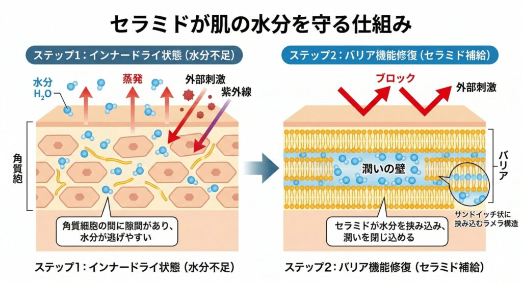 セラミドが肌の角質層で水分を挟み込み、外部刺激から守るバリア機能を果たしている図解