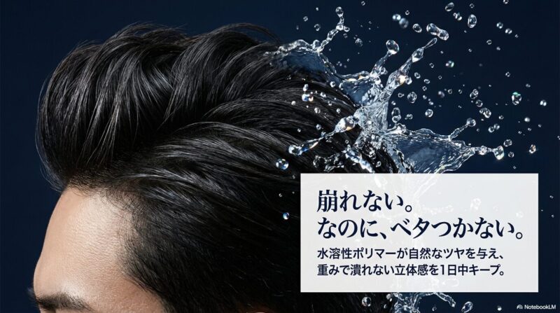 立体感のあるヘアスタイルに水しぶきの演出を重ね、「崩れない。なのに、ベタつかない。」と訴求するスタイリング性能のイメージ画像