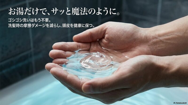 両手に透明なジェル状の整髪料をのせ、「お湯だけで、サッと魔法のように。」と洗い落ちの良さを表現した画像