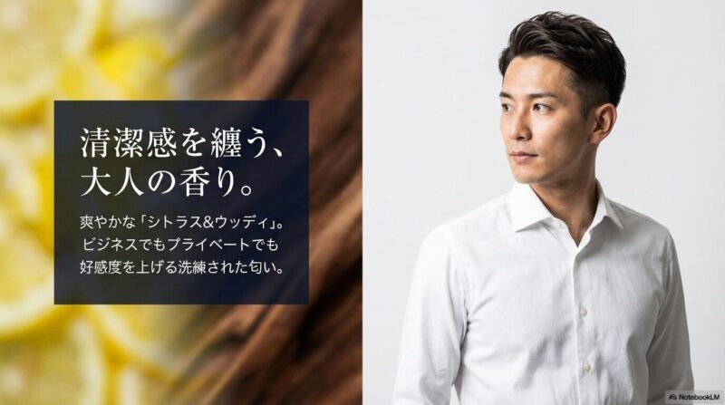 白シャツ姿の男性と柑橘系を思わせる背景で、「清潔感を纏う、大人の香り。」と表現した香り訴求の画像