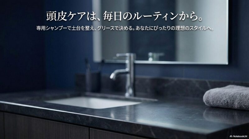 洗面台の背景に「頭皮ケアは、毎日のルーティンから。」というコピーを重ね、専用シャンプーとスタイリングの習慣化を訴求する画像