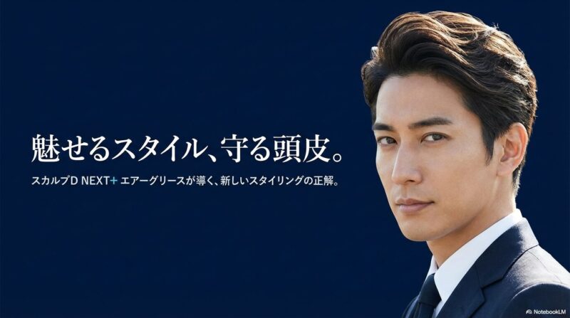 スーツ姿の男性とともに「魅せるスタイル、守る頭皮。」というコピーを配置したスカルプD NEXT+ エアーグリースのメインビジュアル