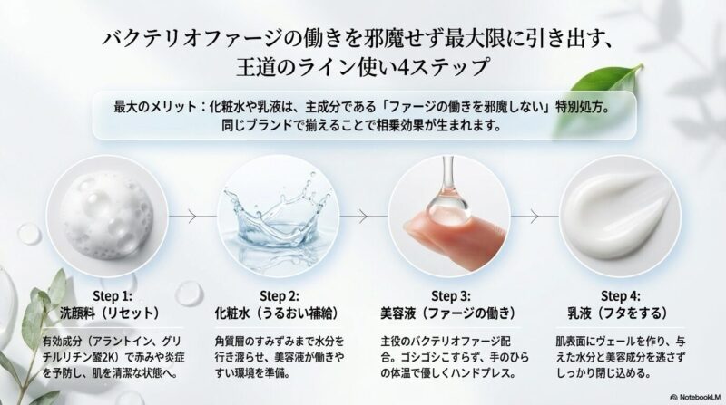 洗顔料で肌を清潔に整え、化粧水でうるおいを補給し、美容液でバクテリオファージをなじませ、最後に乳液でフタをするというライン使い4ステップと各役割を示したスライド