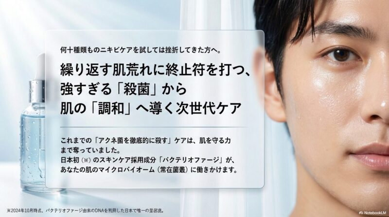 繰り返す肌荒れに悩む人向けに、従来の強い殺菌ケアではなく、バクテリオファージで肌のマイクロバイオームの調和を目指す次世代スキンケアの考え方を紹介したスライド