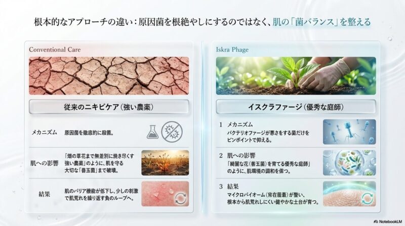 従来のニキビケアが原因菌を徹底的に殺菌して善玉菌まで減らしやすい一方、イスクラファージは悪さをする菌を狙って肌の菌バランスを整え、健やかな肌の土台づくりを目指すことを比較したスライド