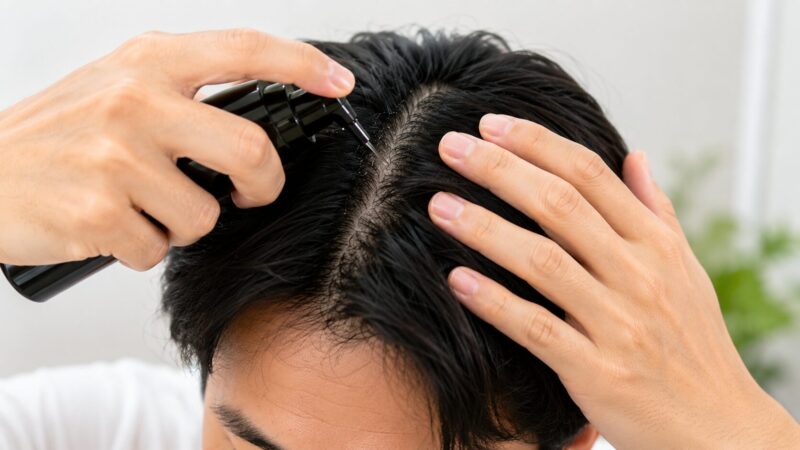 髪をかき分けて育毛ローションを頭皮へ直接塗布する日本人男性