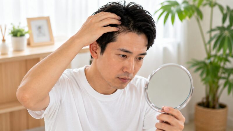 鏡を見ながら髪の生え際と頭皮の状態を確認する日本人男性