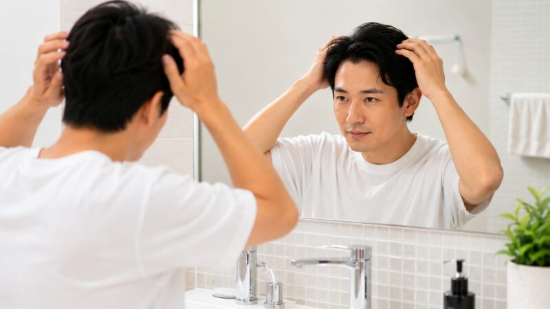 洗面所の鏡を見ながら髪と頭皮の状態を確認する日本人男性